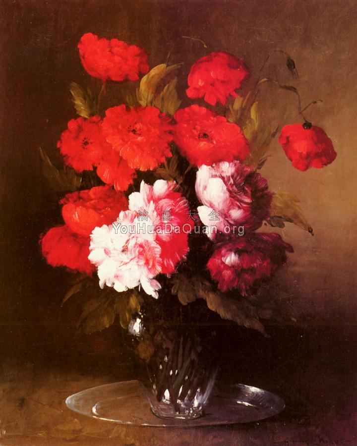 Pink Peonies And Poppies In A Glass Vase - 杰曼·西奥多尔·克勒门特·立波特